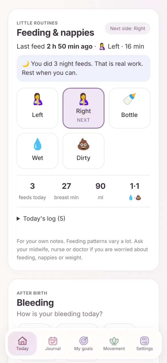Feeding and nappies log with left, right, bottle, wet and dirty buttons
