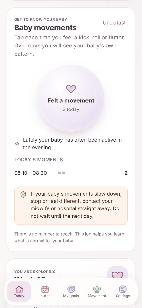 Baby movements log with a large tap button and today’s moments
