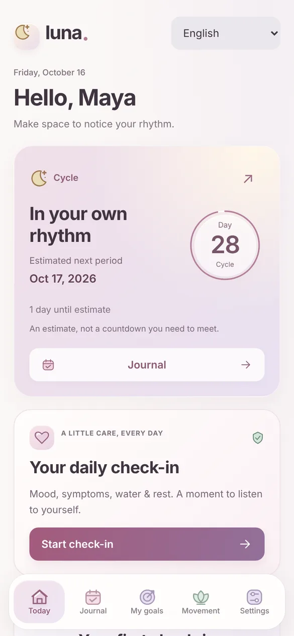 Luna’s Today screen showing cycle day 28, the next estimated period and a daily check-in card